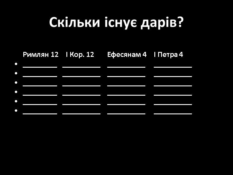 Скільки існує дарів?   Римлян 12    І Кор. 12 Ефесянам